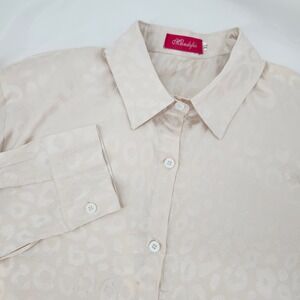 Champagne Ivory Leopard Jacquard Satin Button Down Shirt Womens XL Mob Wife Chic
